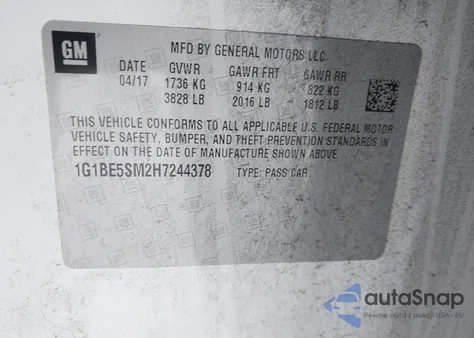 2017 Chevrolet Cruze Lt Auto from USA, damaged, VIN 1G1BE5SM2H7244378